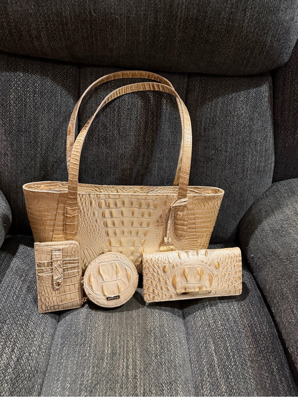 Brahmin Beige Croc-Embossed Tote with Matching Wallets